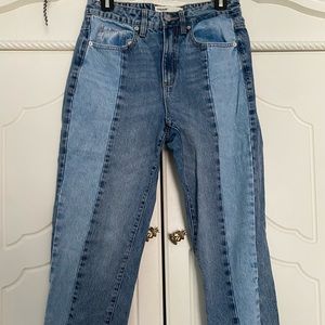 garage half light wash half dark wash mom jeans